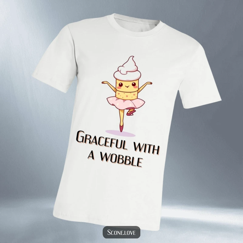 Funny kawaii scone attempts a ballet pirouette with a cute wobble, a charming design on this dancer t-shirt.
