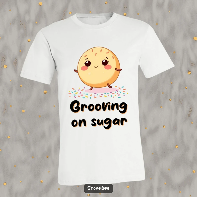 Funny Donut T-Shirt, illustrating a smiling baked good with tiny legs joyfully dancing on a sprinkle-covered surface, full of sweet celebration.