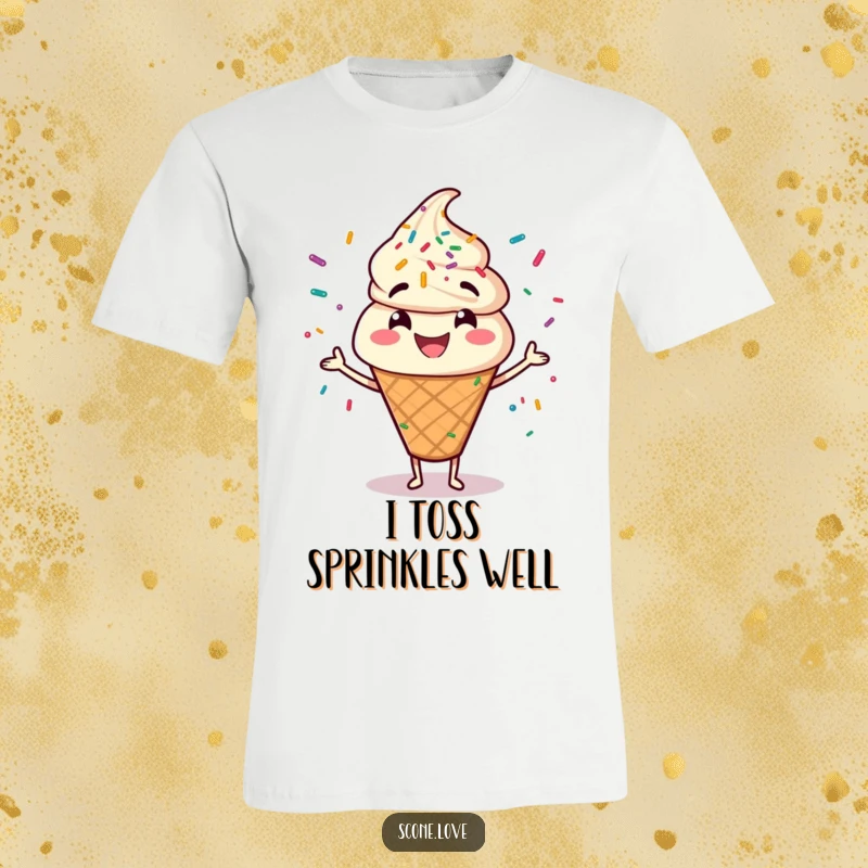 Funny t-shirt with a happy scone character enthusiastically juggling a vibrant cascade of colorful sprinkles.