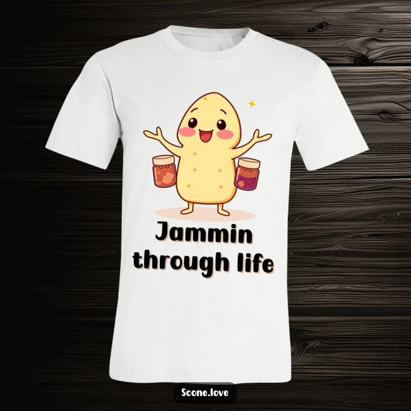 Funny t-shirt with a scone juggling three miniature jam jars, a humorous depiction of baking talent.
