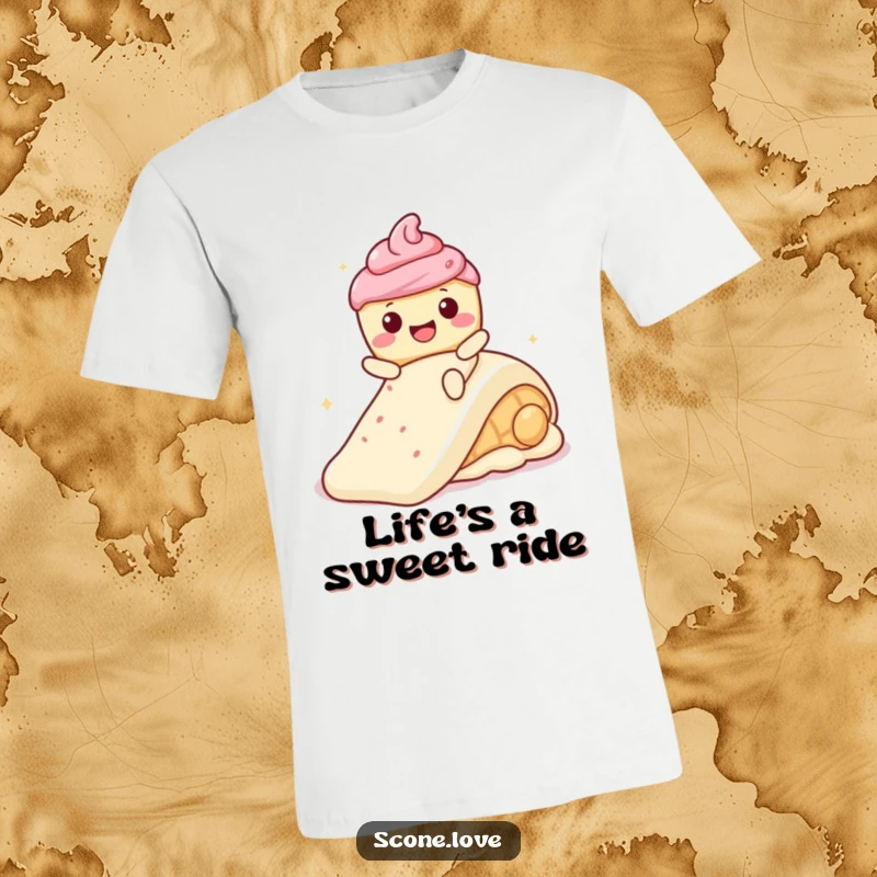 Funny Kawaii Scone, wearing a huge smile, joyfully sliding down a sugary frosting slide on a t-shirt.