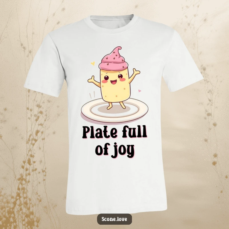 Funny t-shirt showcasing a kawaii scone character doing a lively happy dance on a giant plate, expressing pure delight and baking fun.
