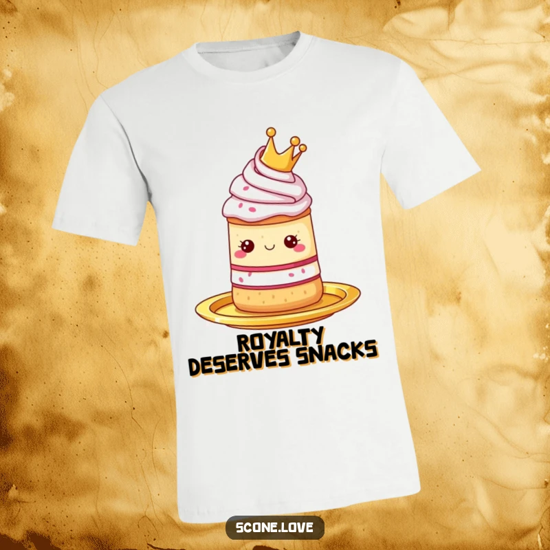 Funny t-shirt showcasing a scone wearing a tiny crown, presented on a golden platter, a symbol of delicious royalty.