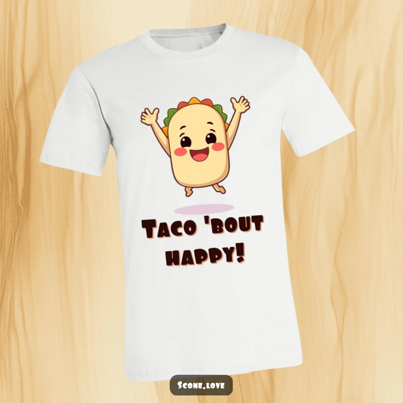 Funny T-Shirt: A happy taco mid-air with arms up in celebration, bursting with flavor and infectious joy.