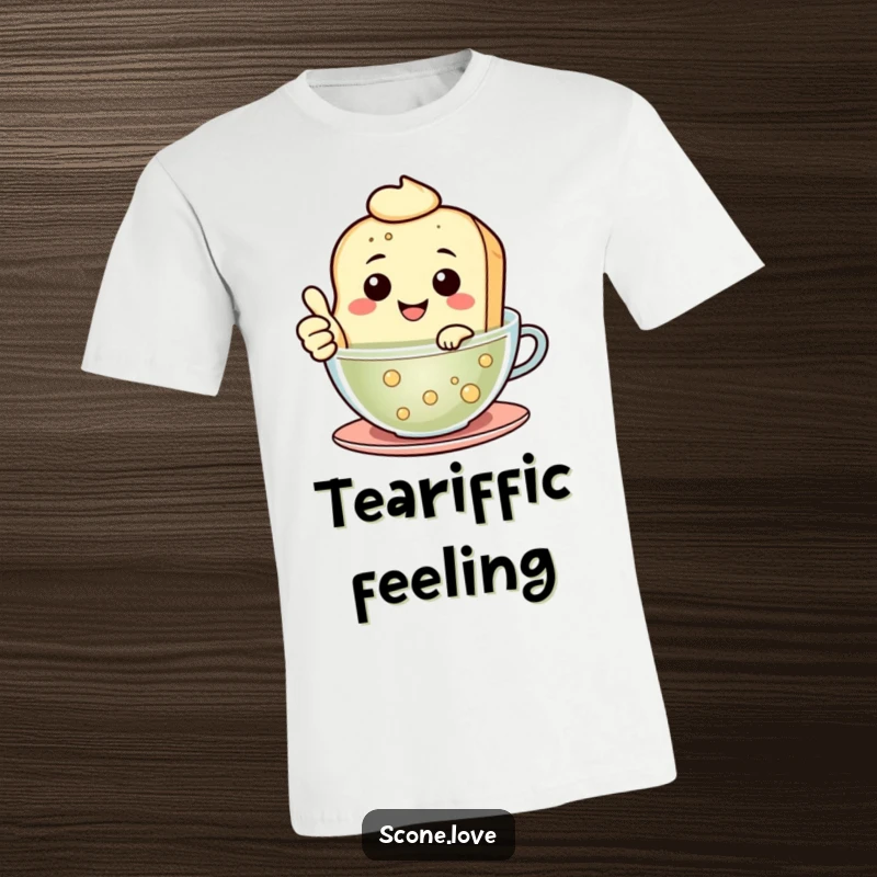 Funny Floating Scone T-Shirt shows a smiling scone giving a thumbs up while relaxing in a cup of tea, full of joy.