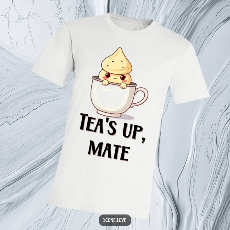 Funny Kawaii Scone T-Shirt depicting a cute scone character peeking from a large tea infuser, looking cheeky and fun.
