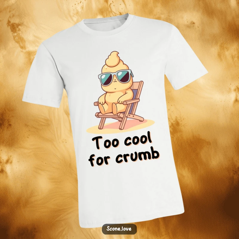 Funny scone wearing sunglasses lounging on a tiny beach chair, a humorous graphic tee for ultimate relaxation.
