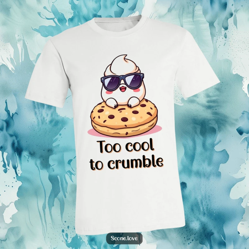 Funny Kawaii Scone, sporting dark sunglasses, lounging on a massive cookie, looking incredibly chill on a t-shirt.