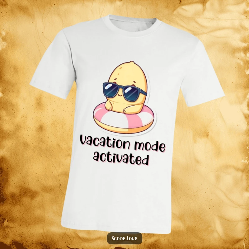 A funny scone sporting sunglasses, lounging effortlessly on a mini beach float, printed on a vacation-ready t-shirt.