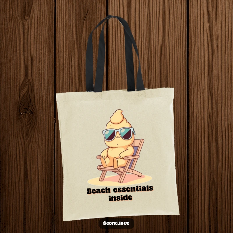 Funny scone wearing sunglasses on a beach chair, a humorous tote bag for carrying essentials with style.