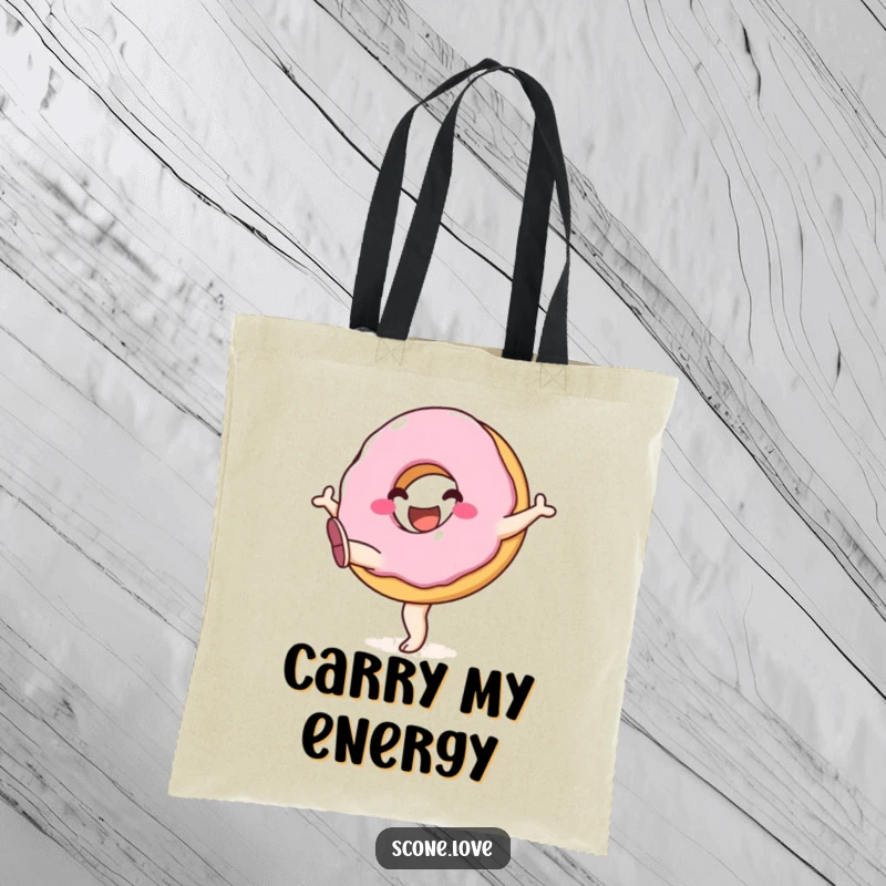 Funny tote bag with a smiling donut enthusiastically kicking its legs upwards, symbolizing pure happiness and lightheartedness.