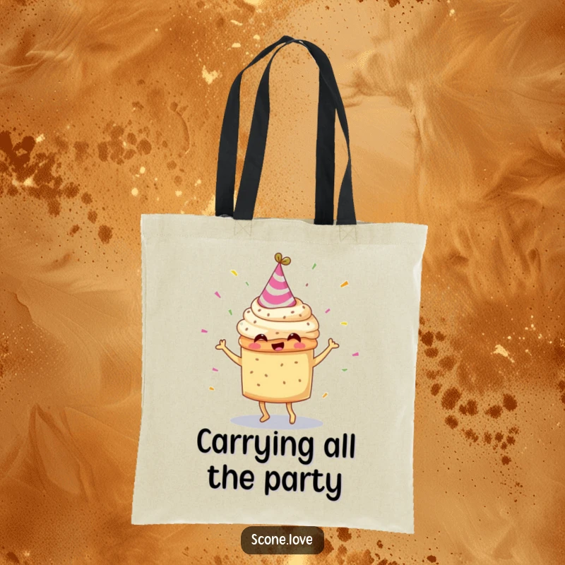 Funny scone in a party hat, dancing with confetti, printed on a durable and stylish tote bag.