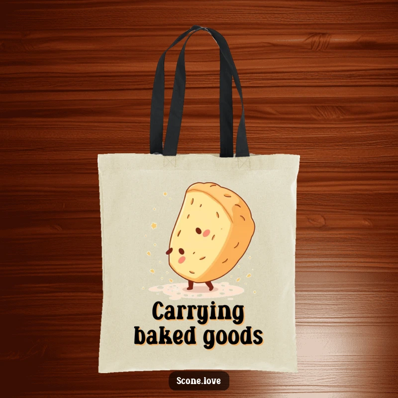 Funny Scone Cartwheel Tote Bag features a scone performing a cartwheel, leaving flour dust, perfect for humorous carrying.