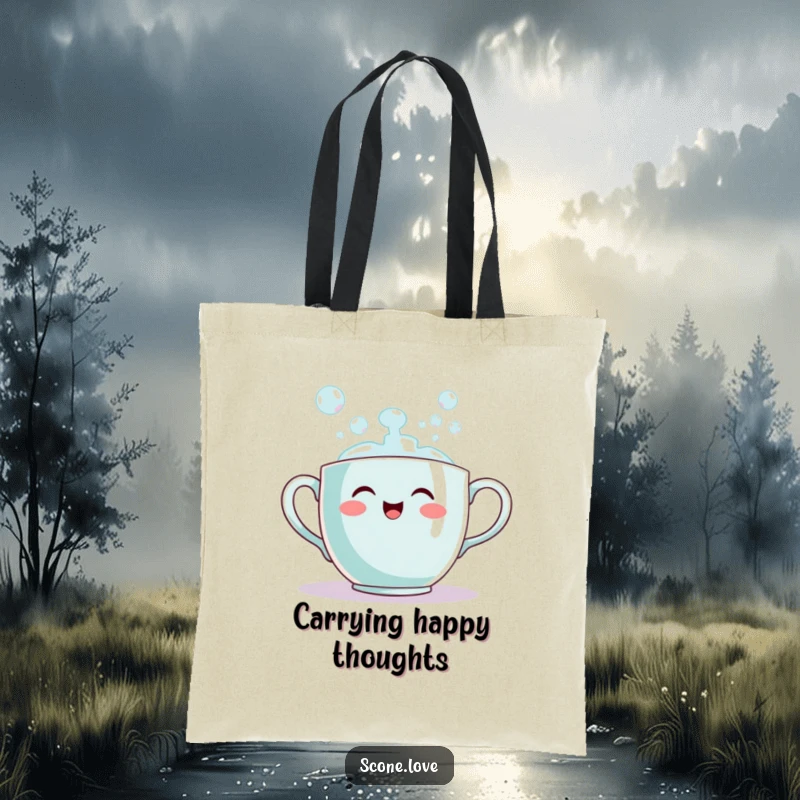Funny teacup tote bag featuring a smiling teacup pouring out bubbles, practical for carrying items with a touch of whimsical charm.