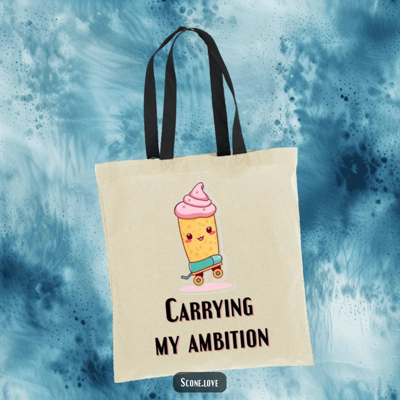 Funny Roller Skate Scone Tote Bag features a scone with one roller skate, ready for a trick, perfect for humorous carrying.