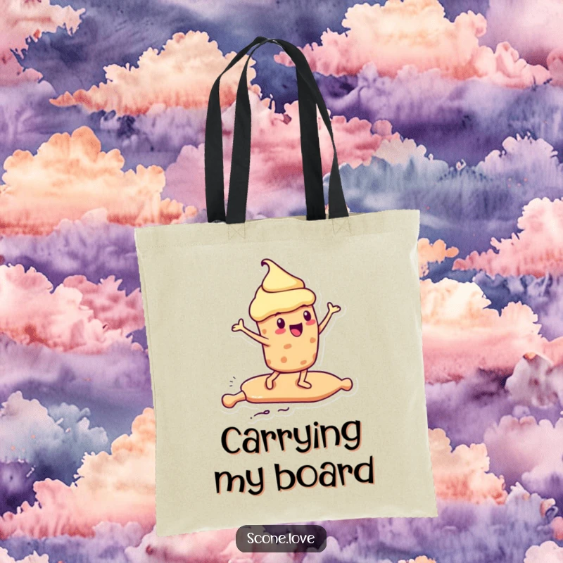 Funny Kawaii Scone Tote Bag: a scone surfs excitedly on a rolling pin, ideal funny surfer gift.