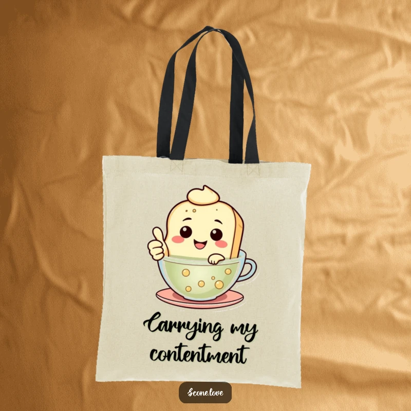 Funny Floating Scone Tote Bag features a smiling scone giving a thumbs up while floating in tea, great for humorous carrying.