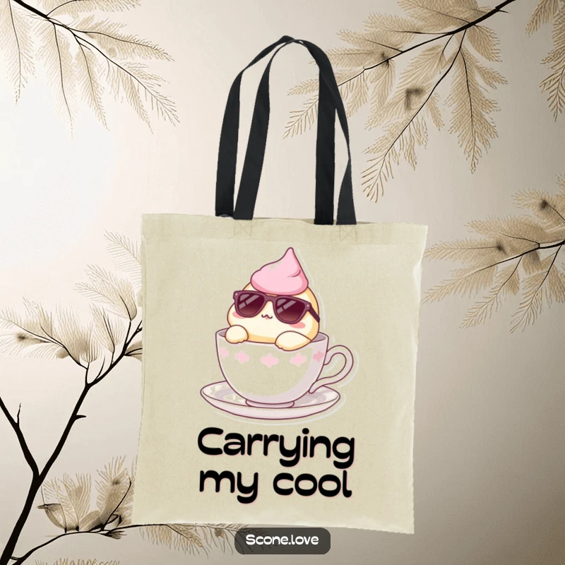 Funny tote bag with a scone wearing sunglasses, lounging in a teacup, perfect for stylish and relaxed outings.