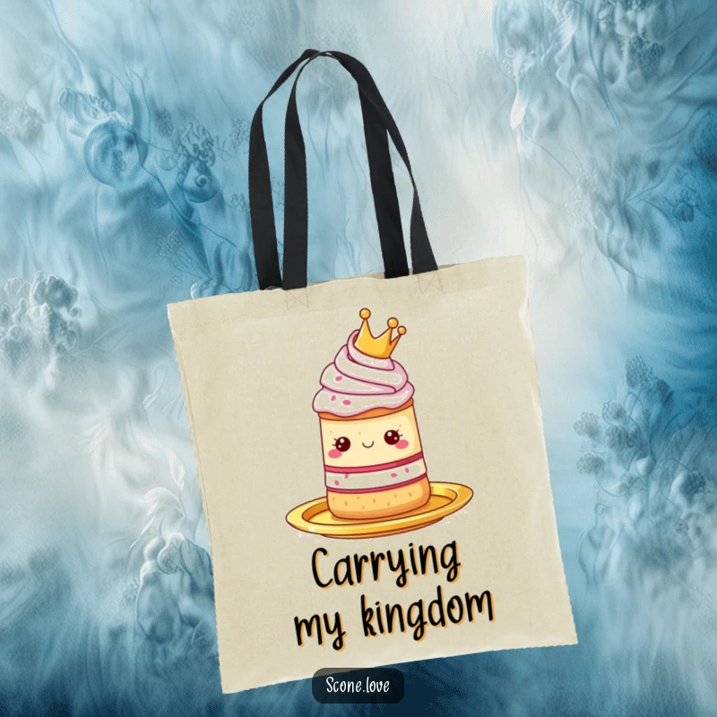 Funny tote bag featuring a scone wearing a tiny crown, presented on a golden platter, a luxurious accessory.