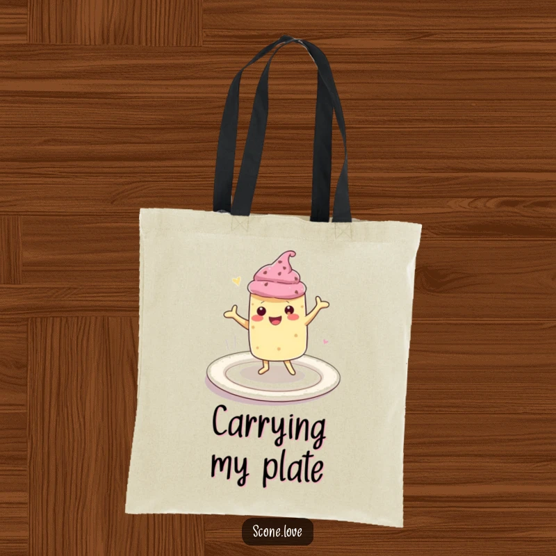 Funny tote bag featuring a kawaii scone character in a happy dance pose on a large plate, perfect for carrying items with a smile.