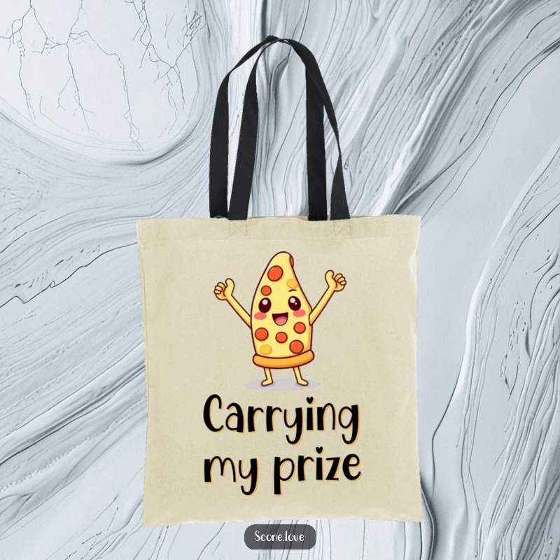 Funny pizza tote bag featuring a cheesy slice in a triumphant pose, perfect for shopping and carrying essentials.