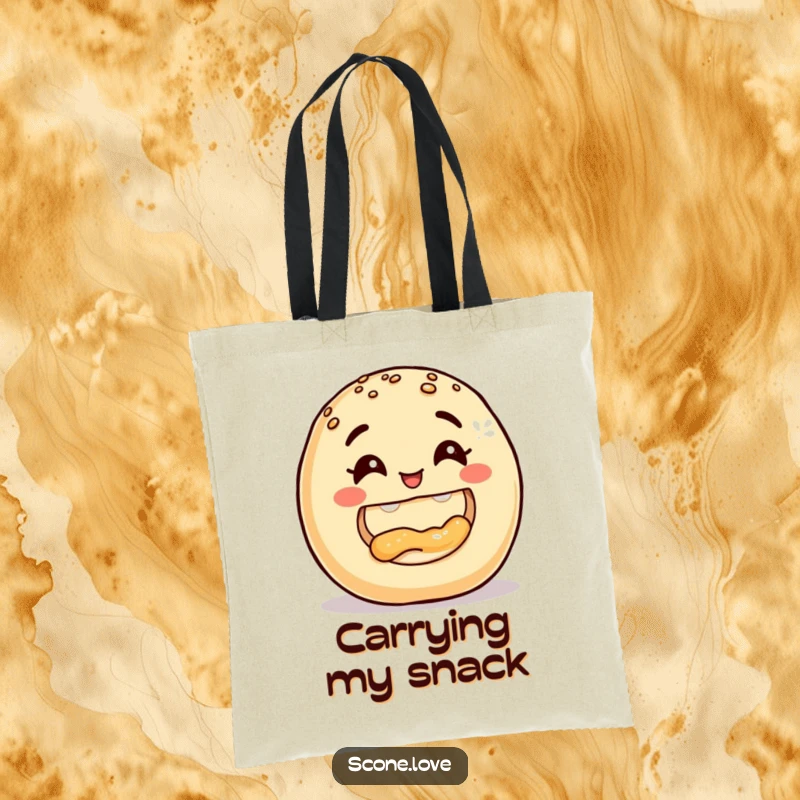 Funny Donut Tote Bag, showing a smiling baked good taking a triumphant bite out of another, perfect for carrying treats and smiles.