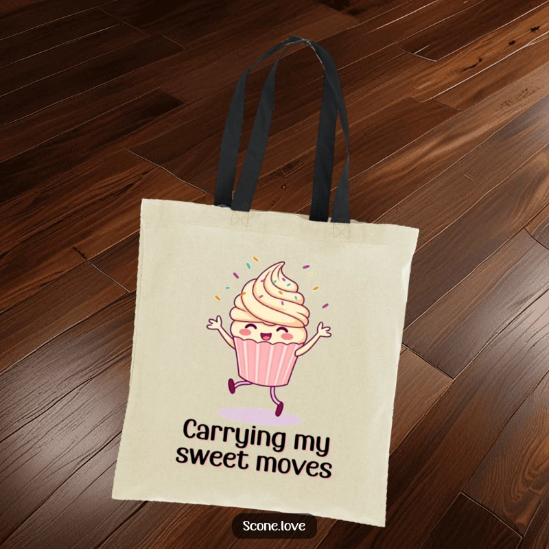 Funny tote bag featuring a happy cupcake performing a jig, with colorful sprinkles flying outwards, embodying carefree celebration.