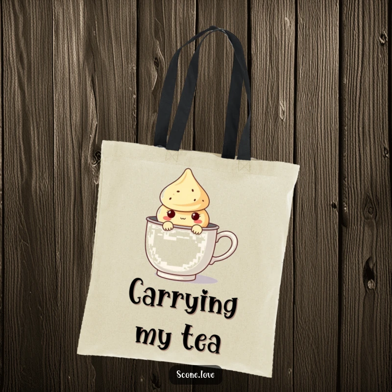 Funny Kawaii Scone Tote Bag with a cute scone character peeking out of a giant tea infuser, ready for errands.