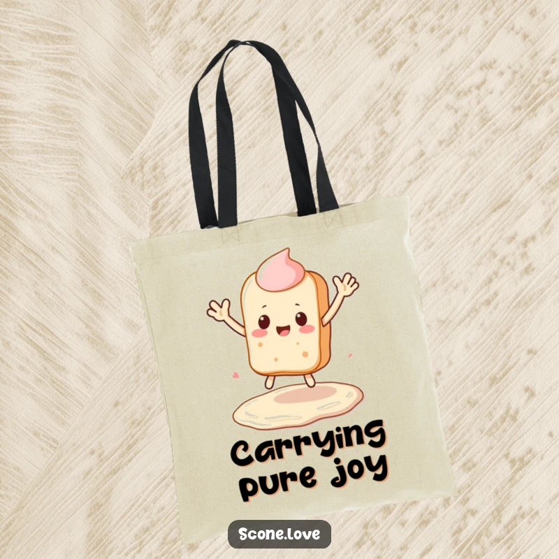 Funny Kawaii Scone Tote Bag: a scone waves while leaping over a frosting puddle, ideal funny baker gift.