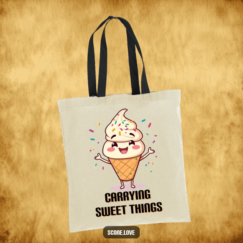Funny tote bag showcasing a gleeful scone character juggling a shower of colorful sprinkles.