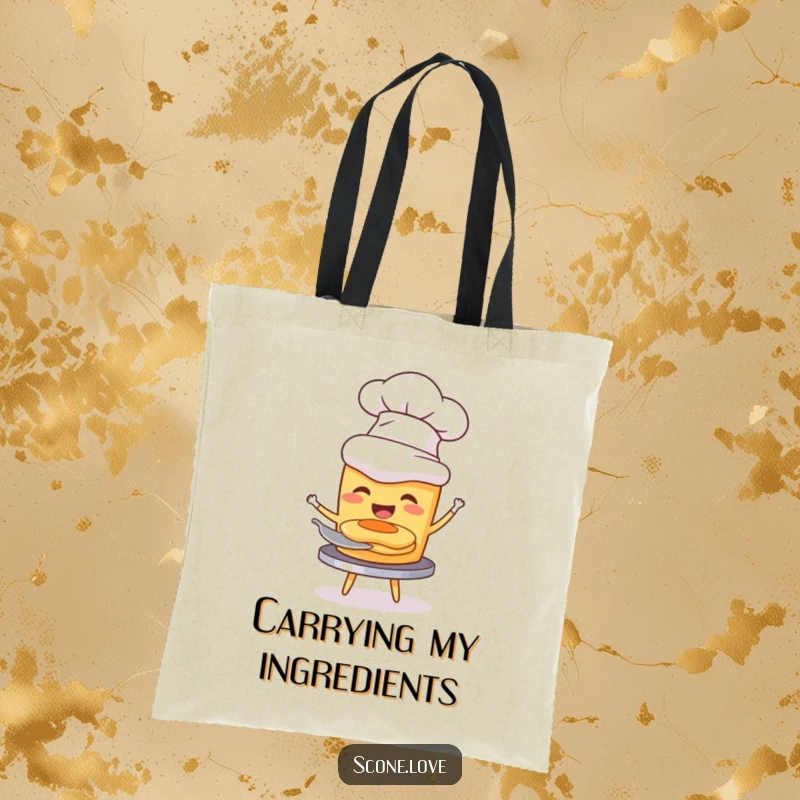 Funny tote bag with a scone wearing a chef hat, joyfully flipping a miniature pancake, perfect for foodies.