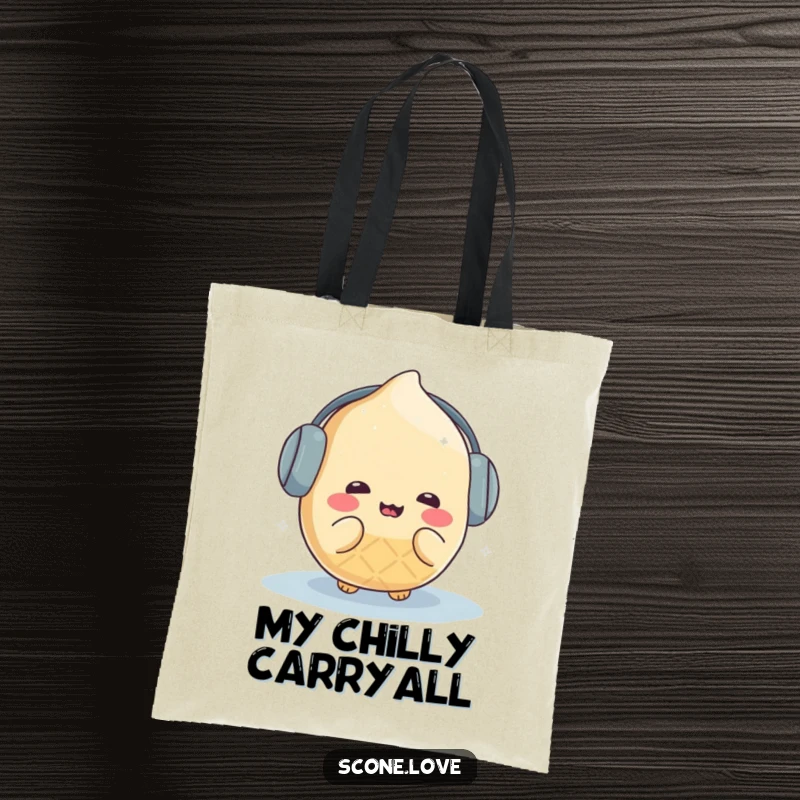Funny kawaii scone illustration with earmuffs, humorously shivering in the cold, printed on a durable tote bag.