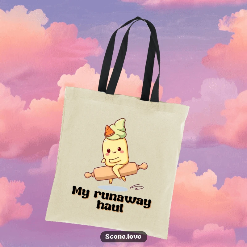 Funny Kawaii Scone Tote Bag: A cute scone character attempts to ride a runaway rolling pin, adding humorous charm to this tote.