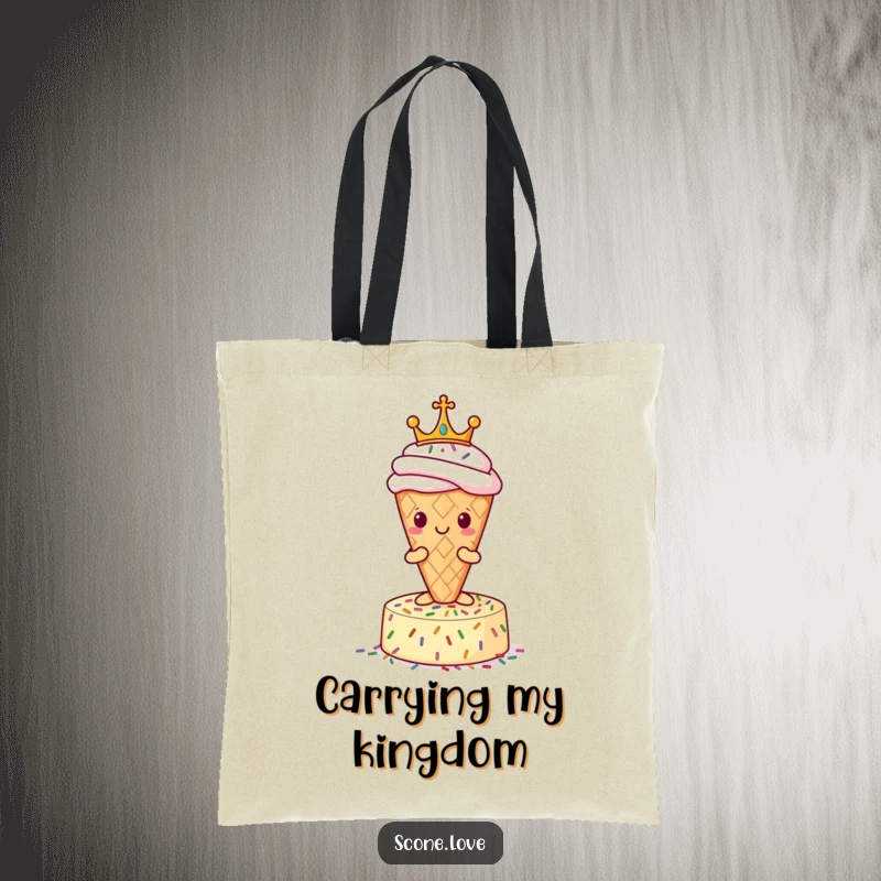 Funny Scone Tote Bag: A crowned scone on a sprinkle pedestal, perfect for carrying baked goods and essentials in style.