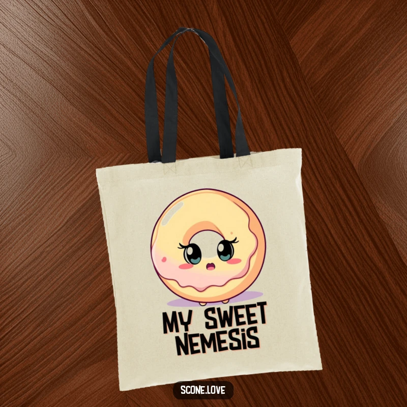 A funny scone character’s shocked expression at a giant donut, featured on a practical and amusing tote bag.