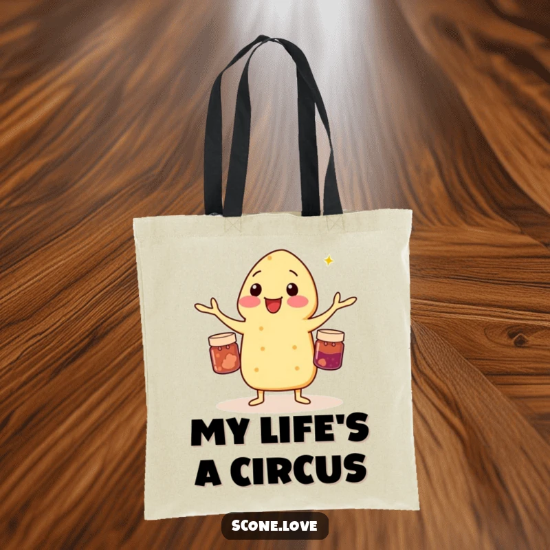 Funny tote bag illustrating a scone juggling three small jam jars, perfect for market trips with a smile.