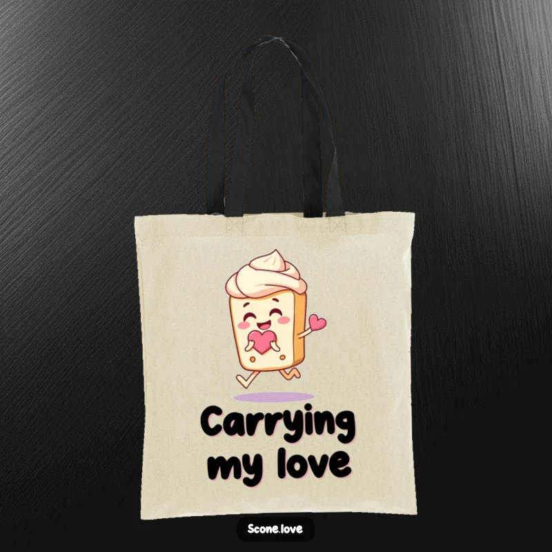 Funny Scone Love Tote Bag: A tote bag with a happy scone skipping, perfect for carrying treats and smiles.