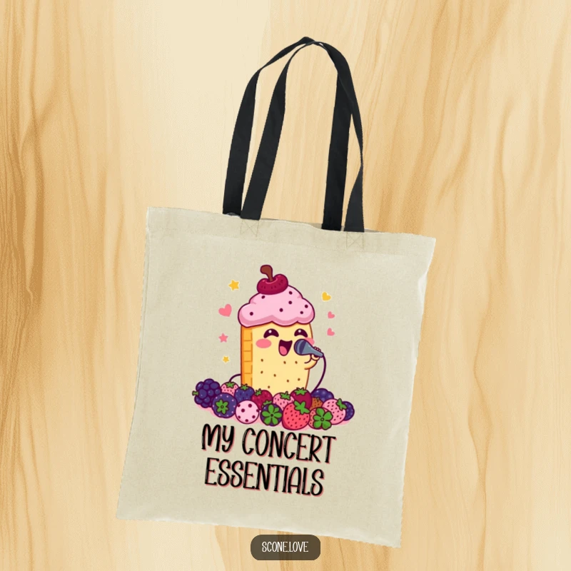 Funny scone holding a microphone and singing to berries, a humorous tote bag for music lovers.