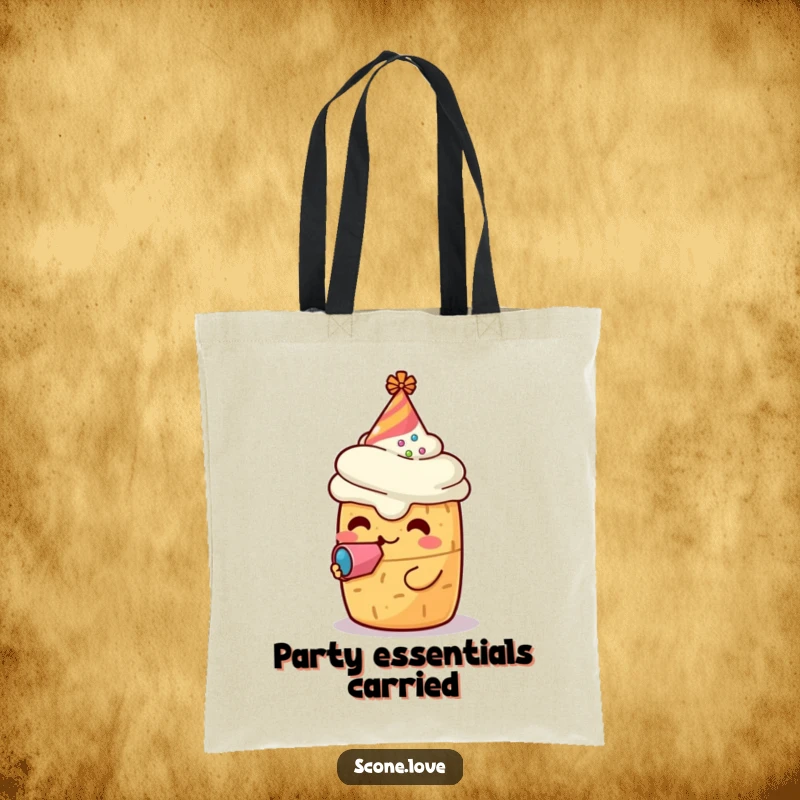 Funny tote bag featuring a kawaii scone character in a party hat blowing a noisemaker, perfect for carrying party supplies with humor.