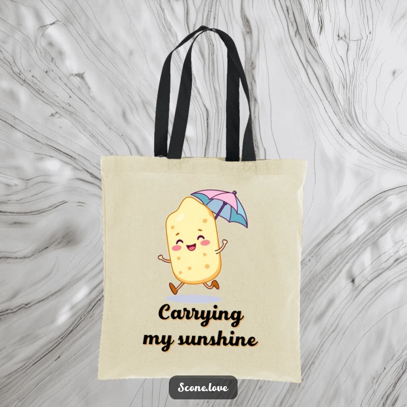 Funny scone character skips with a tiny umbrella, a delightful and practical tote bag for baked goods lovers.