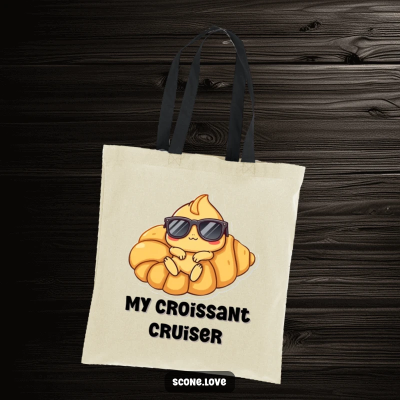 Funny Scone Croissant Tote Bag: A scone character in sunglasses relaxes on a massive croissant, embodying a humorous, laid-back vibe.