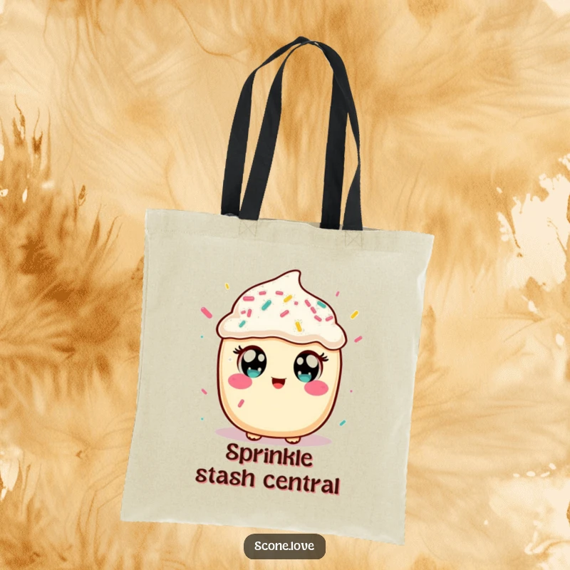 Funny tote bag with a kawaii scone character catching sprinkles, great for groceries or as a charming, humorous gift.