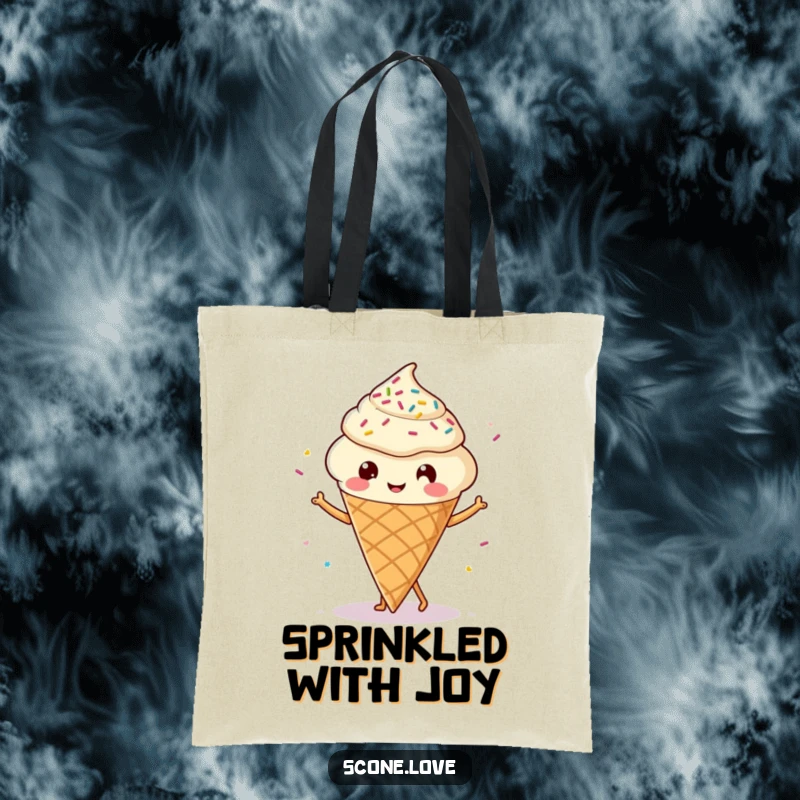 Funny Kawaii Scone Tote Bag: A cute scone with legs dancing energetically amidst a shower of sprinkles.