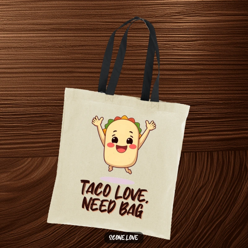 Funny Tote Bag: A smiling taco leaping with excitement, ready to carry your essentials with a fiesta of flavor.